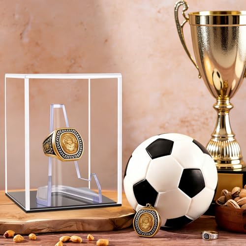 Image of Clear Acrylic Championship Ring Display Case with Black Base, Memorabilia Stand Cube Holder, Dust Protective Transparent Storage Box for Single Rings Souvenir Ring Collections