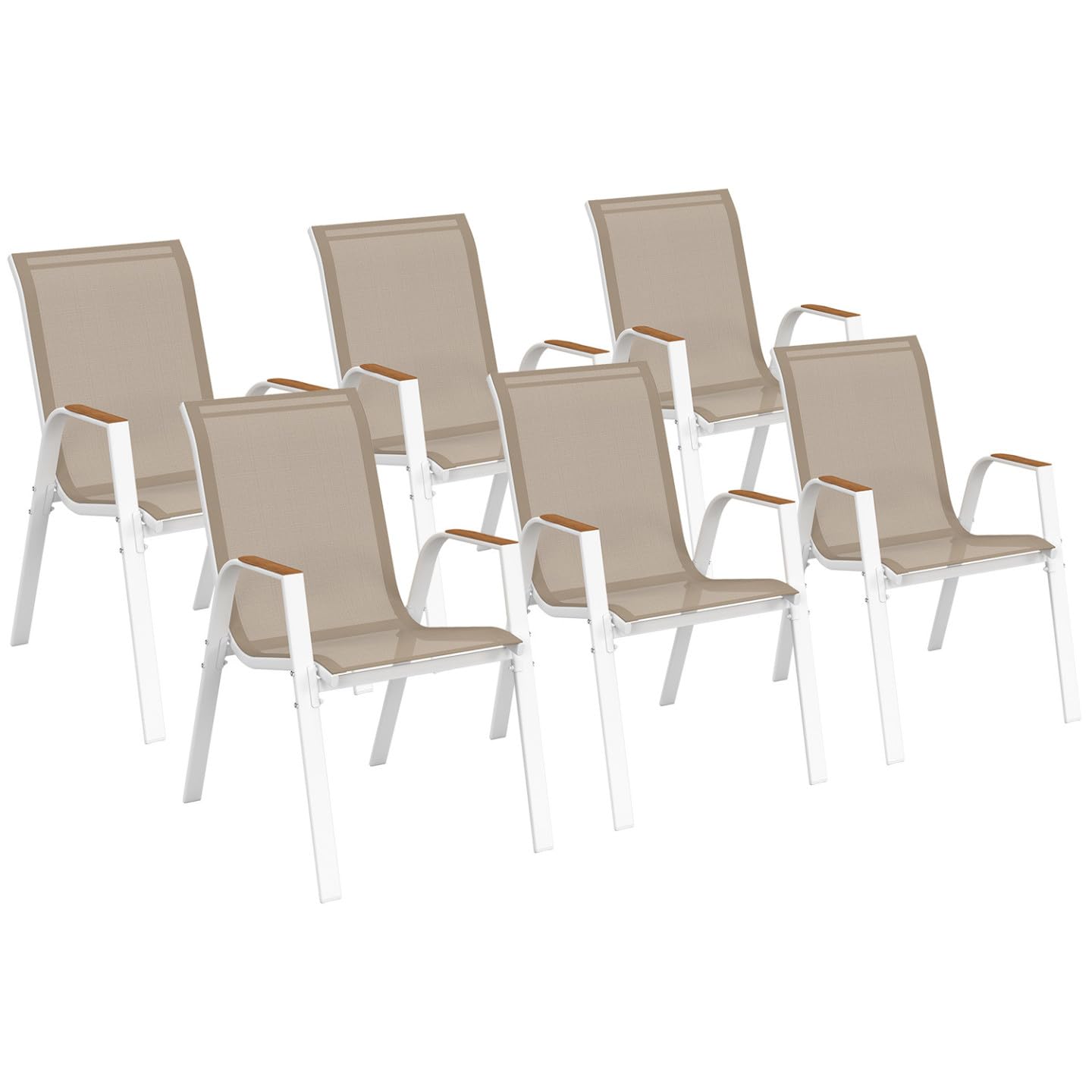 IDMarket - Juego de 6 sillas de jardín apilables NOUMEA de metal y textileno en blanco y madera