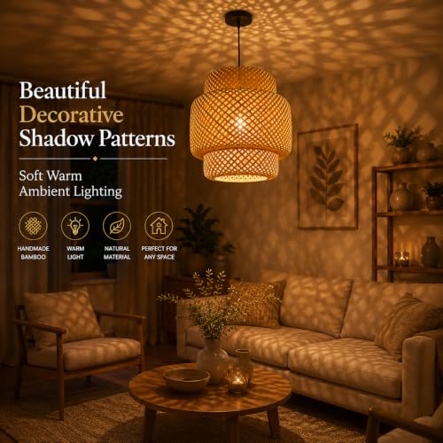 Image of Bamboo Lamp shade | Pendant Lamp | Boho Lamp Shade|Cane Lampshade | Rattan Lamp Shade | Bamboo Hanging Lamps Pendant Light for home office decoration Color-Beige,(Diameter 30 CM, Height 35 CM)