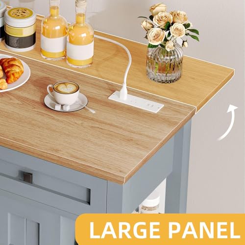 DWVO Rolling Kitchen Island with Drop Leaf, Mobile Storage Islands with Power Outlet Foldable Tabletop, 2 Drawers and Open Shelves, for Living Room, Dining Room, Blue Gray