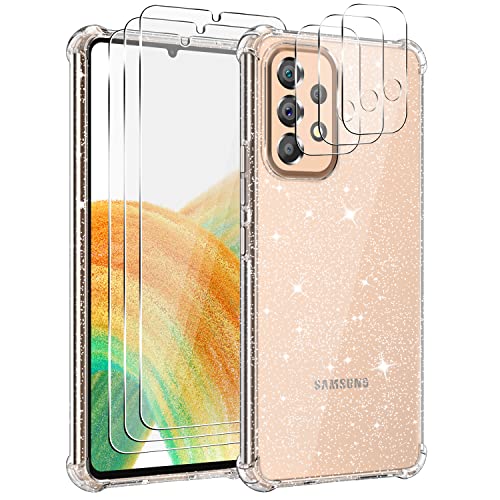 Guscase Hülle für Samsung Galaxy A33 5G mit 3 Stück Schutzfolie und 3 Stück Kameraschutz, Stoßfeste Kratzfeste Schutzhülle Glitzer Transparent Weiche Silikon TPU Handyhülle für Samsung Galaxy A33 5G Cover