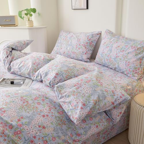 Image of Blue Floral Full Size Comforter Set Vintage Botanical Flowers Bedding Set | Aesthetic Birds Flowers Cottagecore Comforter Lightweight Soft Coquette Bedding Comforter with 2 Pillowcases