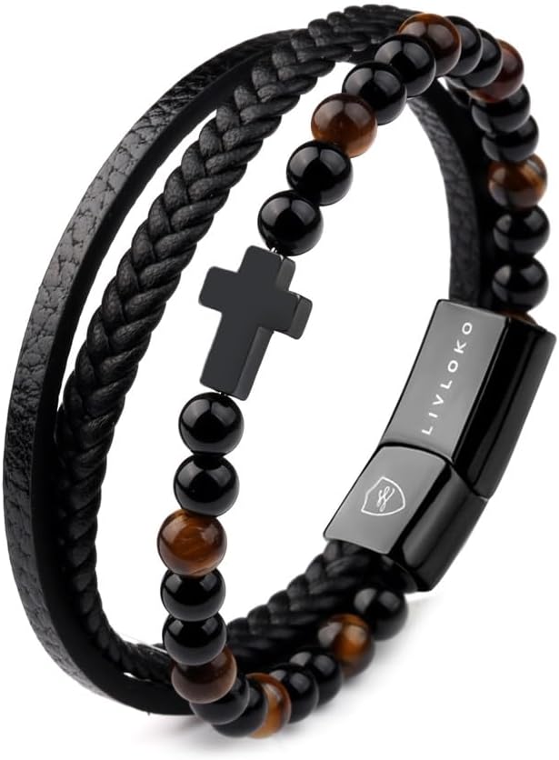 LONDON Mens Bracelet Leather Black Multi-Layer Stone Beads Adjustable Steel Clasp Viking Rope Bands Surfer Man Wristband Male UK Jewellery Gift box Boyfriend Dad Son Brother Tiger Eye