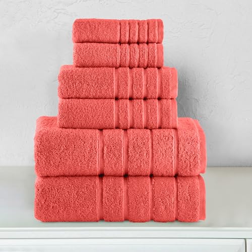 Image of Elegant Comfort 4 Lines Viscose Stripe 6-Piece Premium Towel Set - 100% Turkish Cotton High Absorbent Luxury Bathroom Towels - Includes 2 Washcloths, 2 Hand Towels and 2 Bath Towels Set, Coral
