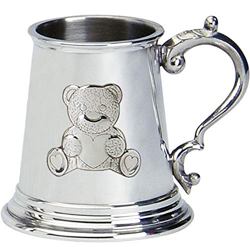 I LUV LTD Christening Gift Childrens Plain Tankard with Teddy on Handle Pewter Cup