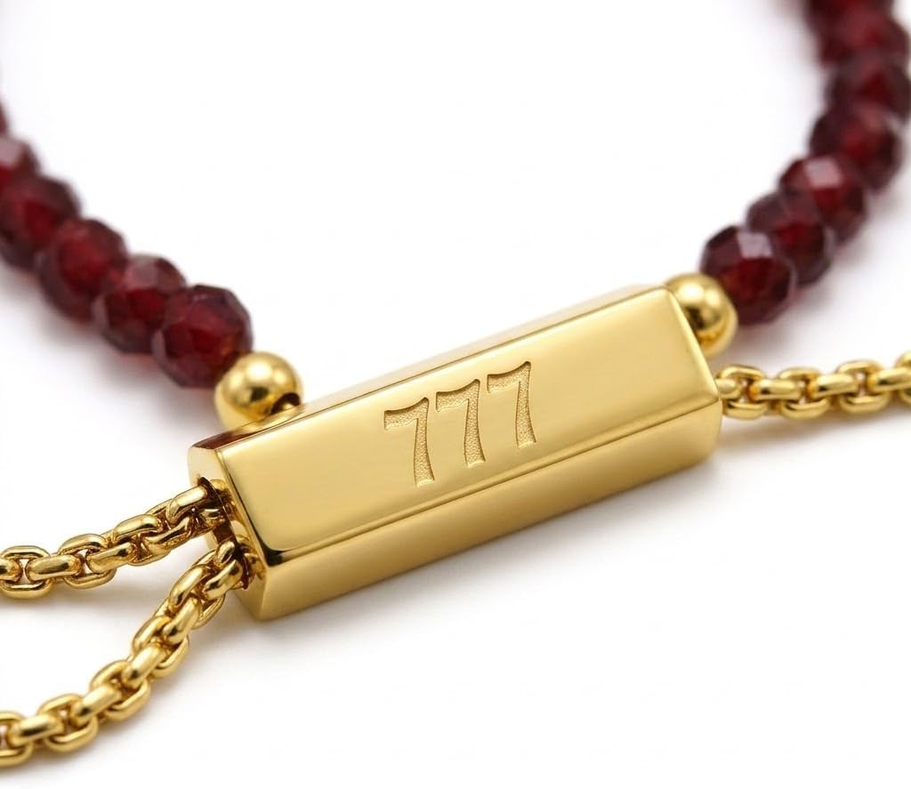 777 Angel Number Bracelet for Women, Natural Garnet Healing Beaded Bracelet, 18K Gold Plated Stainless Steel Adjustable Slider Bracelet, Spiritual Lucky Jewelry Gift with I BELIEVE Engraved
