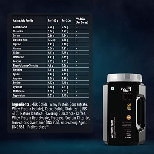 Image of Body First Whey Hydrozyme - Combination of Whey Protein Hydrolysate, Isolate & Concentrate with ProHydrolase & Protease Digestive Enzymes, 25g Protein, 5.8g BCAA, Coffee Flavour, 27 Servings