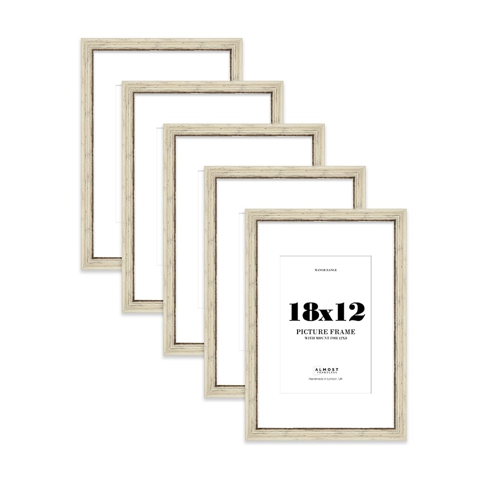18x12" Distressed Cream Picture Frame - 18x12" Frame with 12x8" Mount for 18x12"/12x8" Pictures Art Deco Style Room Decor, 5 Pack โ image 1