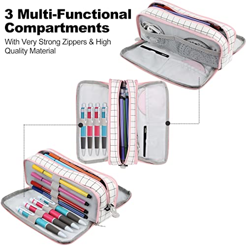 Chelory Big Capacity Pencil Case Large Storage Pencil Bag Pouch Marker 3 Compartment Stationery Pen Cases Holder For Adults Office Organizer Gifts (Plaid White) #TOP3