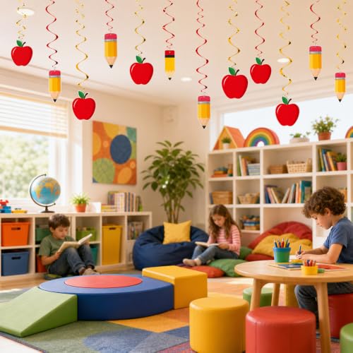 Image of Back to School Hanging Swirls Decorations, 60PCS First Day of School Apple Pencil Swirls Hanging Ornaments for Preschool Elementary Classroom Ceiling Welcome Back to School Party Favors Supplies