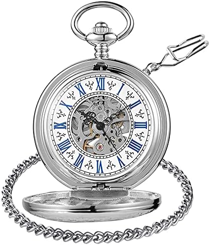 Tiong Vintage Pocket Watch Mechanical Steampunk Pocket Watches Skeleton Roman Numerals with Chain Pendant & Gift Box Best Gifts