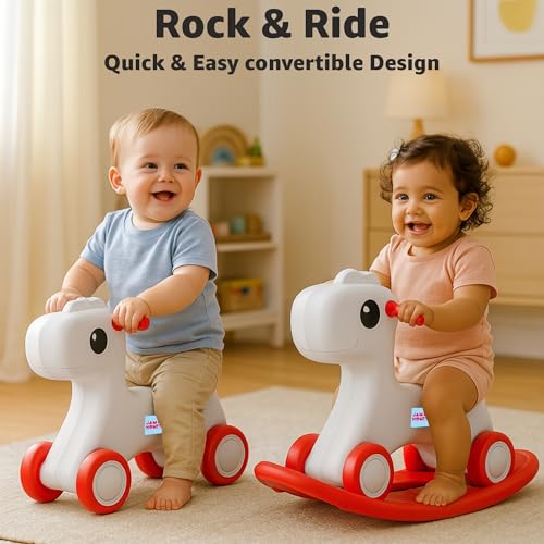 Image of Amazon Brand - Jam & Honey 3-in-1 Baby Push On Ride On Rocker for Kids | Balancing Board | Backrest | Easy Grip | Four Wheel | Durable and Safe | Lightweight | Animal Theme | 12 Months+ | Red & Grey