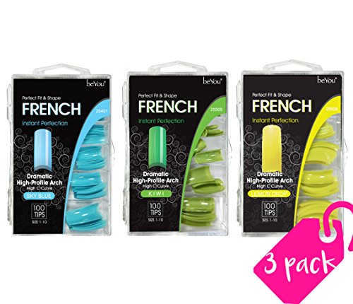 BeYou 3Pack 3Colored Salon Nail 100Tips, Professional Fake Nail Tips For Nail salon Nail Shop (25401/25505/25508) (Blue)