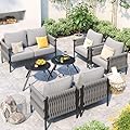 VONZOY Metal Outdoor Patio Furniture Set, 7 Pieces Modern Outdoor Conversation Furniture Sets w/2 Coffee Table, Outside Furniture with High-Resiliency Sponge Cushions for Porch, Balcony, Backyard