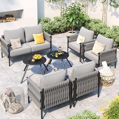 VONZOY Metal Outdoor Patio Furniture Set, 7 Pieces Modern Outdoor Conversation Furniture Sets w/2 Coffee Table, Outside Furniture with High-Resiliency Sponge Cushions for Porch, Balcony, Backyard