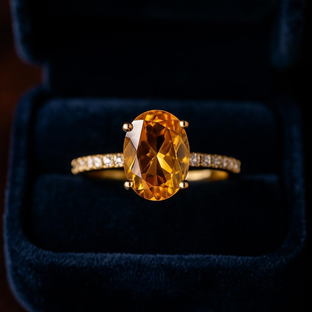 Oval Citrine Ring for Women in 10K Yellow Gold Diamond Accent Engagement Ring Minimal Luxury Promise Ring Fine Anniversary Jewelry Gift