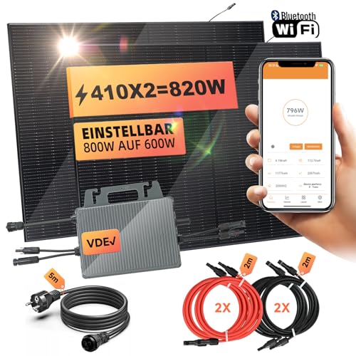 Panel solar 'plug and play' (enchufar y listo) de 800 W, completo, de 1000 W, kit solar de autocensuro, 2 paneles solares de 405 W, 1 inversor de 600/800 W, 1 cable de 5 m, monitorización wifi