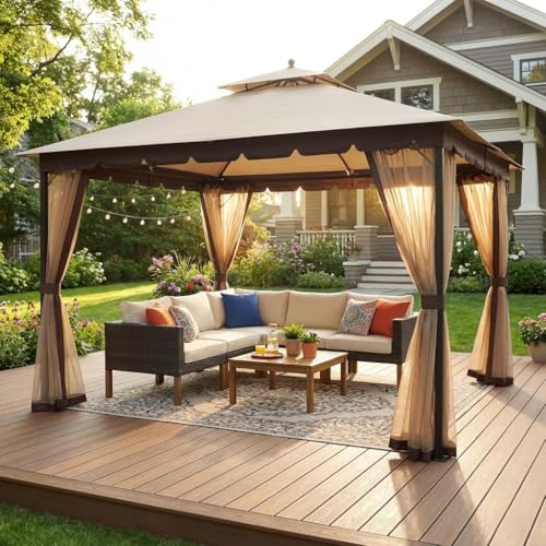 Bezseller 10x12 Outdoor Patio Gazebo with Powder-Coated Metal Frame Stable Double-Tier Canopy with Zip Mesh Sidewalls for Backyard Dining & Entertaining Khaki