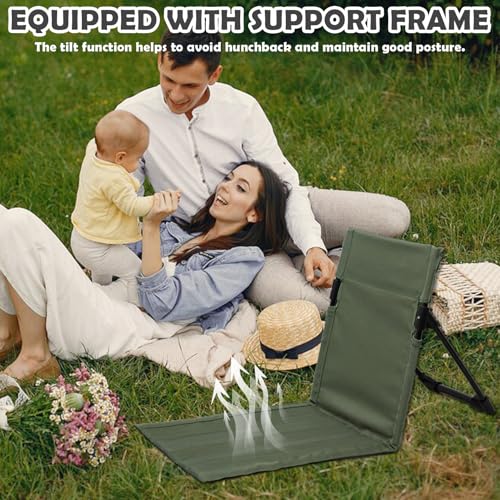 Yunlaishaocer Strandmatte mit Rückenlehne, Klappbar Strandstuhl,600D Oxford-Gewebe Strandliege Leicht Bodenstuhl, Sitzunterlage Outdoor für Camping, Strand, Hinterhof,Picknick,Grasnarbe((Militärgrün)