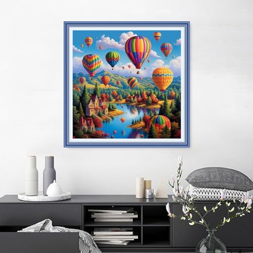 Image of Joyhoor Cross Stitch Kits for Beginners Stamped Cross-Stitch Supplies Needlework preprint Embroidery Kits for Adults DIY Needlepoint Kits Embroidery Patterns 11CT-Colorful hot air Balloon 18.x18 inch