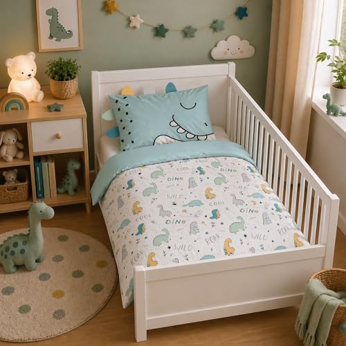Baby Bettwäsche Set (2-teilig) aus 100{157b657c47af6e7ad65ac55b75cd8e6450ff9df20d721a8d4d855df065ffaa5f} Baumwolle Oeko-Tex - Deckenbezug 100x135 und Kissenbezug 40x60 cm mit Reißverschluss - Kinderbettwäsche atmungsaktiv, temperaturregelnd, Dino mit Stacheln