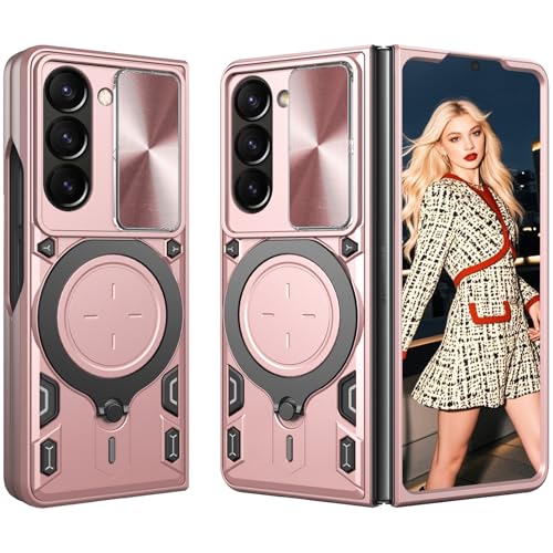 Fofvccv for Samsung Galaxy Z Fold 7 Armour Case with Slide Camera Lens Cover, Military Grade Shockproof Protective Cover with Magnetic Rotatable Ring Kickstand for Galaxy Z Fold7 - JS Rose Gold