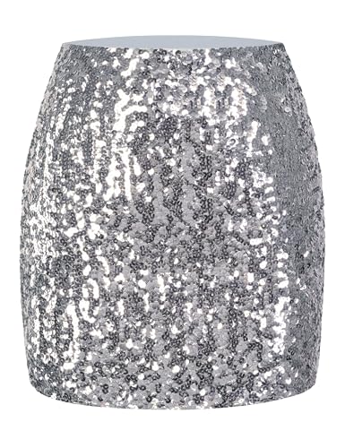 MANER Women's Sequin Skirt Sparkle Stretchy Bodycon Mini Skirts Night Out Party (L/US 12-14, Silver Grey)