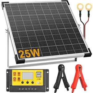 Solar Panel Kit 25W 12V, Monocrystalline Waterproof Solar Battery Trickle Charger Maintainer & Upgrade Controller & Adjustable Mount Bracket, for Boat Car RV Motorcycle Marine Automotive