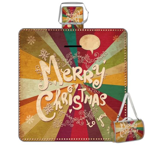 Shimoshe Picnic Blankets 57”x 59”, Retro Merry Christmas Waterproof Sandproof Picnic Mat Lightweight Foldable Beach Blanket for Camping Park Grass Beach Outdoor Blanket