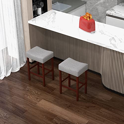 Image of COSTWAY Wooden Saddle Stools Set of 4, 25-inch Backless Counter Chairs with Nailhead Trim, Rubber Wood Frame, Footrest, Max Load 330 Lbs, Upholstered Bar Stools for Kitchen Island, Grey+Brown