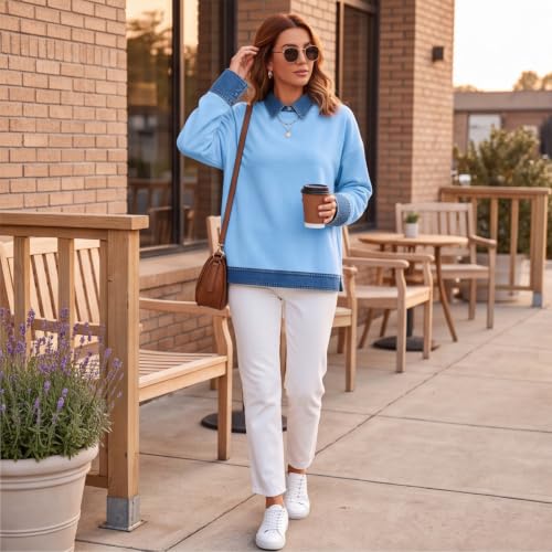 Polo Shirts for Women Denim Patchwork Button Collared Long Sleeve Top - image 3
