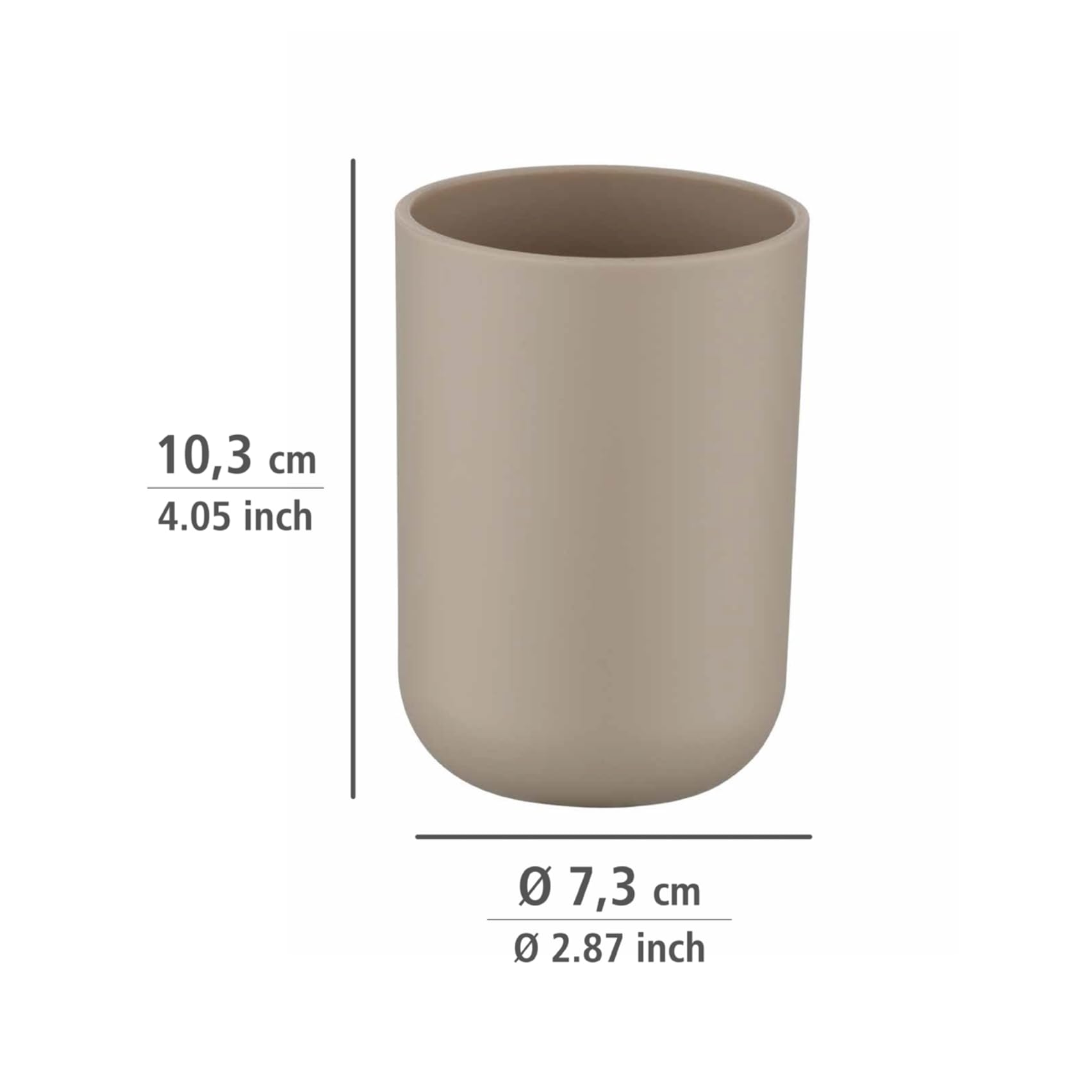 Bad-Accessoire Set Mod. Brasil, 4-teilig bestehend aus Zahnputzbecher, 320 ml Seifenspender, Kosmetikeimer 6,5 Liter & WC-Garnitur inkl. WC-Bürste, aus bruchsicherem Spezialkunststoff, Taupe