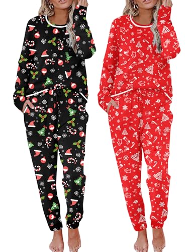 Image of Ekouaer 2 Pack Womens Pajama Sets Long Sleeve Lounge Sets Soft Pj Sleepwear Loungewear