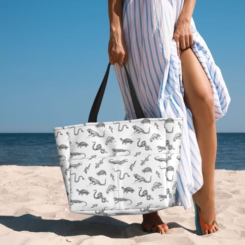 Large Beach Bags Water-resistant Sandproof - Lizard Snake Turtle Crocodile Cute Beach Tote Bags for Women with Zipper 5