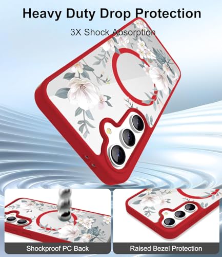 Image of VONZEE Compatible with Samsung Galaxy S25 Plus 5G Case Luxury Retro Flowers Floral Clear for Magnetic Wireless Charging Clear Case Shockproof PC+TPU Cute Glossy Shiny Cover for Girls Women, Red