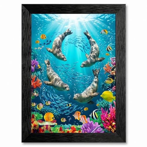 Framed Canvas Wall Art Vibrant Marine Playful Seals Diving Undersea