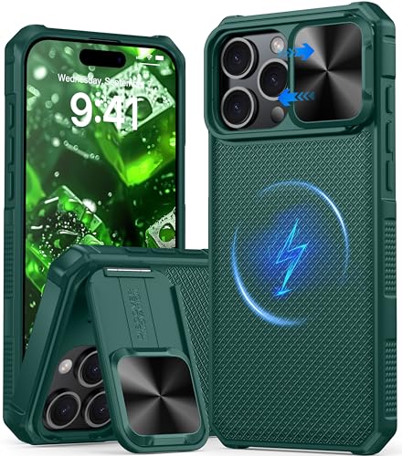 Image of Magnetic for iPhone 16 Pro Max Case [Slide Camera Cover] [Compatible with Magsafe] [Kickstand] [Military Grade Protection] Shockproof Rugged Case for iPhone 16 Pro Max,Green