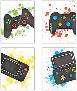 Interesting Video Game Art Prints,Watercolor Typography Cardstock, Funny Gaming Themed Poster,Match Controllers Picture,Artwork For Teen Boy Room,Kid Gamer Playroom Decor(set of 4 8"x 10" Unframed