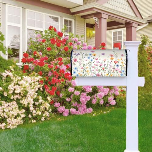 Image of Spring Summer Floral Mailbox Cover Magnetic Watercolor Wildflower Herb Flowers Weather Resistant Mailbox Wrap Post Cover 21x18 Inch Standard Size for Yard Garden Outside Decor