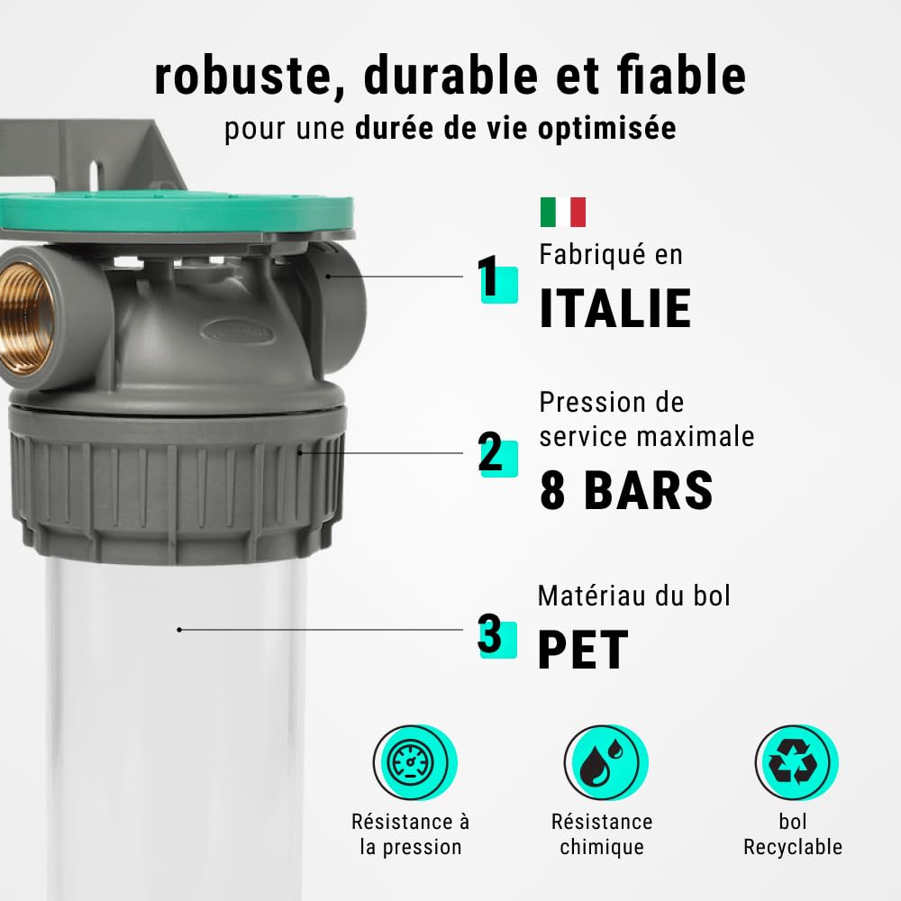 ECOSOFT Porte filtre eau double 9’’3/4 3P, connexion 3/4'', support de fixation, clé, conçu pour une filtration de l’eau du robinet facile, sûre, fabrication européenne