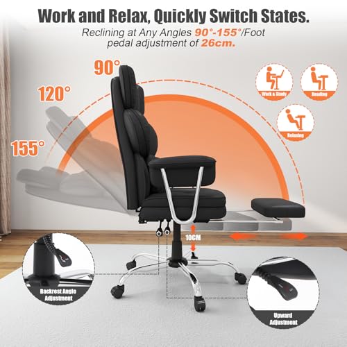 Big and Tall Office Chair,Leather Executive Office Desk Chair with Lumbar Support,400bls Comfy Ergonomic High-Back Reclining Computer Chairs,Swivel Rolling Wheels and Retractable F image 5