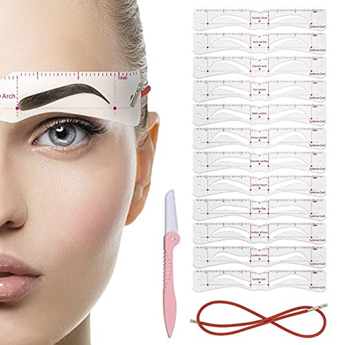 12 Pièces Kit de Pochoir à Sourcils, Tampon à sourcils, kit de modelage pour sourcils, 12 Paires Modèle de Sourcil Réutilisable Pochoir de Forme des Sourcils, 1Pièces Sangles et 1Rasoir à Sourcils