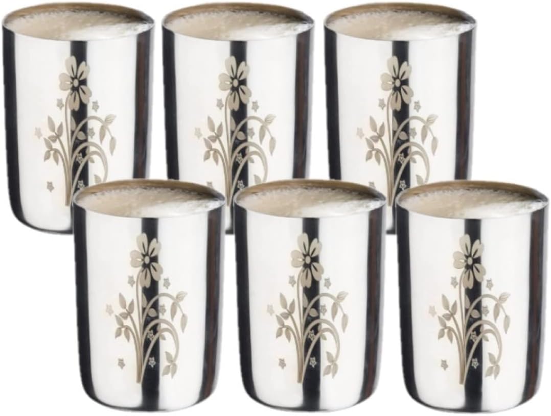 KC Stainless Steel Water Glasses Amarpali With Laser Printing Set Of 6 Large French