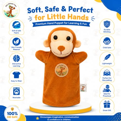 Image of Monkey Hand Puppet for Kids | Soft Plush Animal Puppet | Storytelling, Role Play, Preschool Learning Toy | Interactive Educational Puppet for Boys & Girls