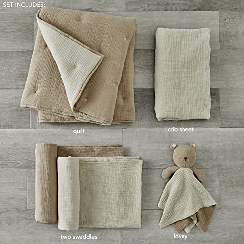 Image of Levtex Baby - Cloud Muslin Crib Bed Set - Baby Nursery Set - Cacao and Beige Stars - Grey Textured Muslin - 5 Piece Set Includes Quilt, Fitted Sheet, Two Swaddles & Bear Lovey