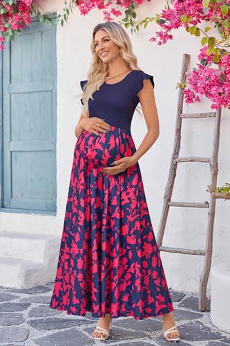 Image of OUGES Women's Maternity Dress Summer Ruffle Sleeve Patchwork Casual Flowy Maxi Dresses with Pockets