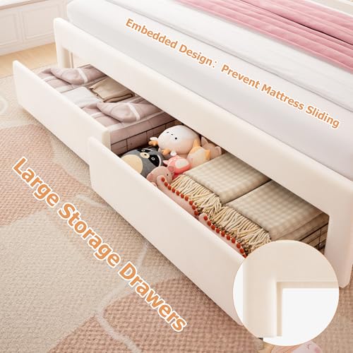 King Upholstered LED Bed Frame with 2 Storage Drawers and Adjustable Chic Double Wavy Headboard, Velvet Princess Platform Bed with Charing Station, Solid Wood Slats Support, No Box Spring Needed,Beige