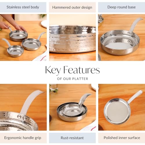 Image of Nestasia Stainless Steel Serving Dishes Set of 3 (350ml, 500ml, 800ml) - Hammered Flat-Base Round Steel Serving Pan with Handle | Rust, Stain & Scratch Resistant Serveware with Glossy Finish
