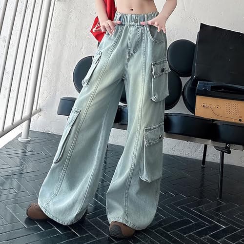 Girls Baggy Straight Cargo Jeans Wide Leg Elastic High Waist Denim Pants Teens Fall Trendy Distressed Streetwear Clothes3