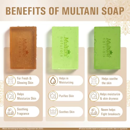 Image of Multani Natural Assorted Soap - 125 gm (Pack of 3) | Neem Tulsi + Sandalwood + Aloe Vera Soaps | For Tan Removal and Skin Brightening |Ayurvedic Handmade Bath Bar | For All Skin Types | Soap Bar For Men & Women